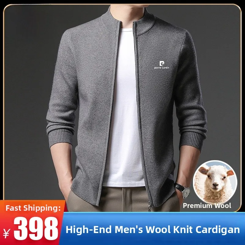 

Мужской шерстяной вязаный кардиган Pierre Cardin для осени и зимы, высококачественный однотонный свитер из верблюжьей шерсти для мужчин среднего возраста, вязаная кофта