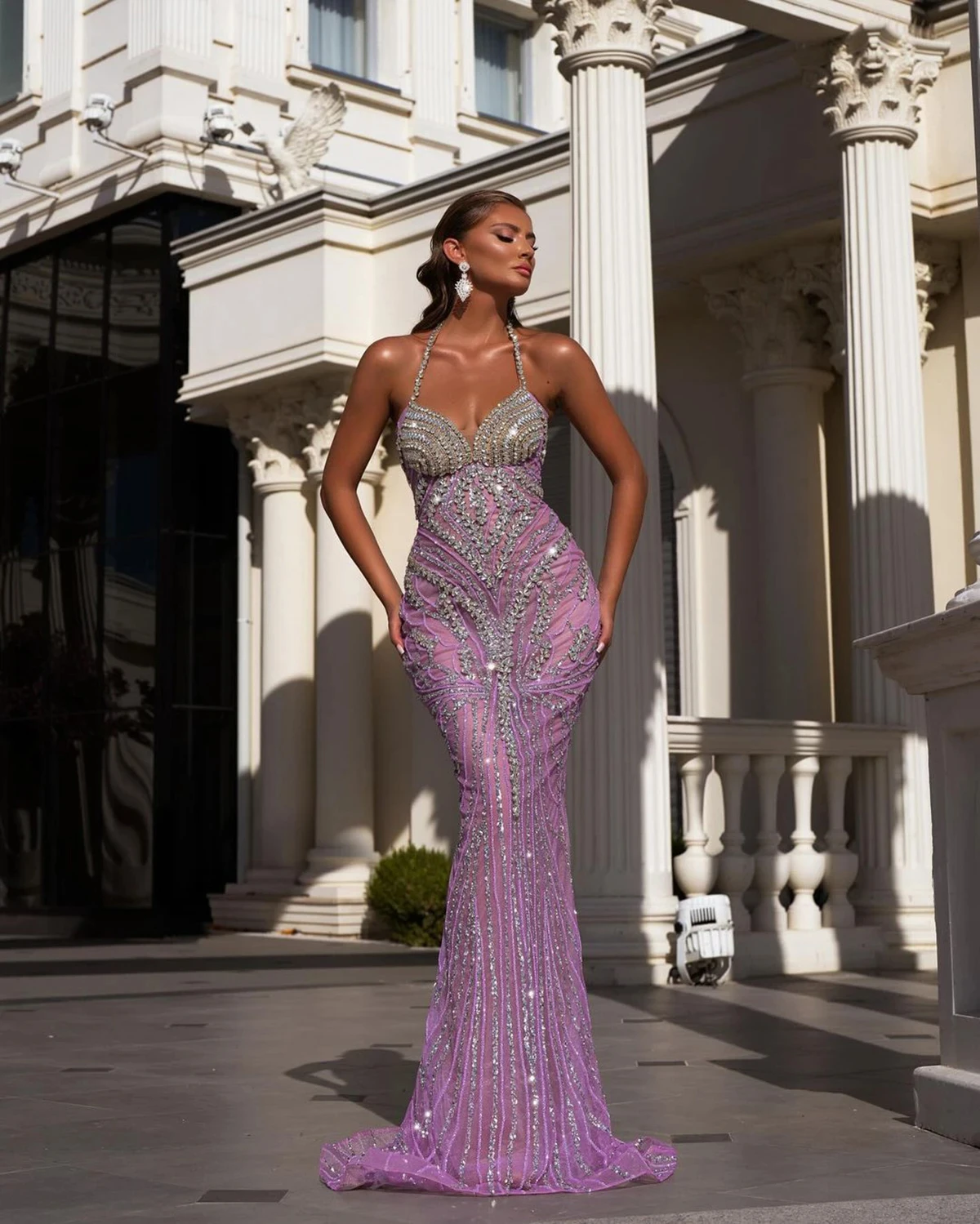 Sexy Crystal Halter Mermaid Dress Fashion Sleeveless Beaded Ball Gown Rhinestone Sequin Floor Length Formal Party Dress