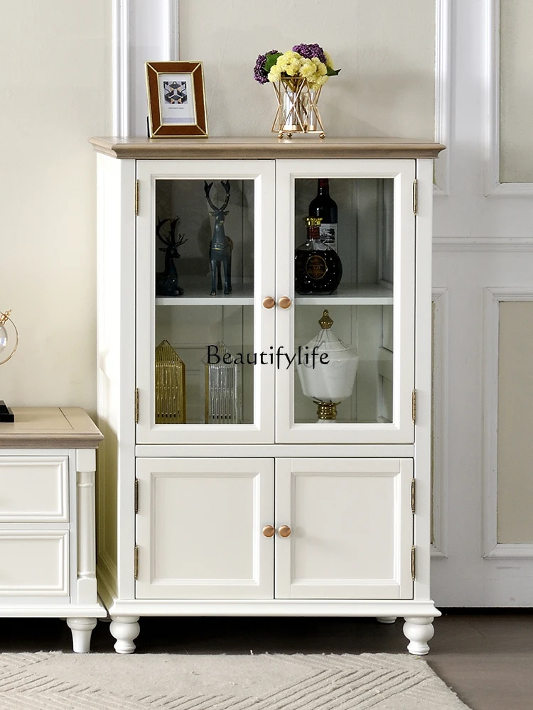 

01American white cream wind solid wood living room storage wine cabinet 3C tempered glass side cabinet