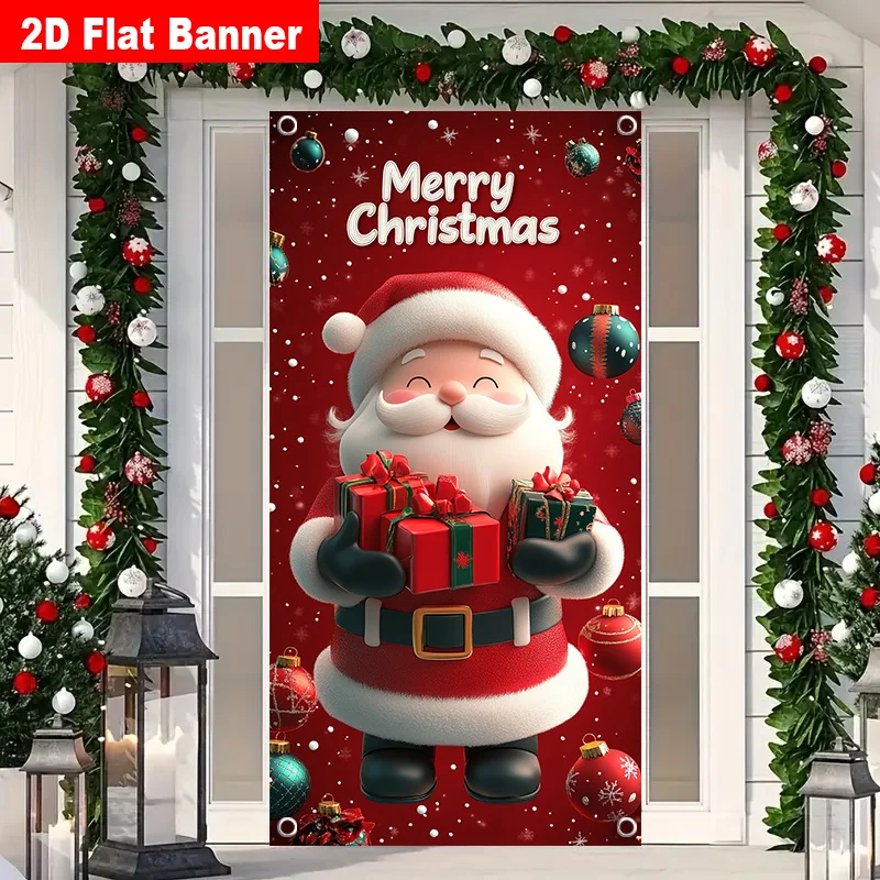 2D-Türbanner, Weihnachtsmann-Weihnachtstürbanner – festliche rot-weiße Feiertagsdekorationen und Geschenkboxen, Polyestermaterial