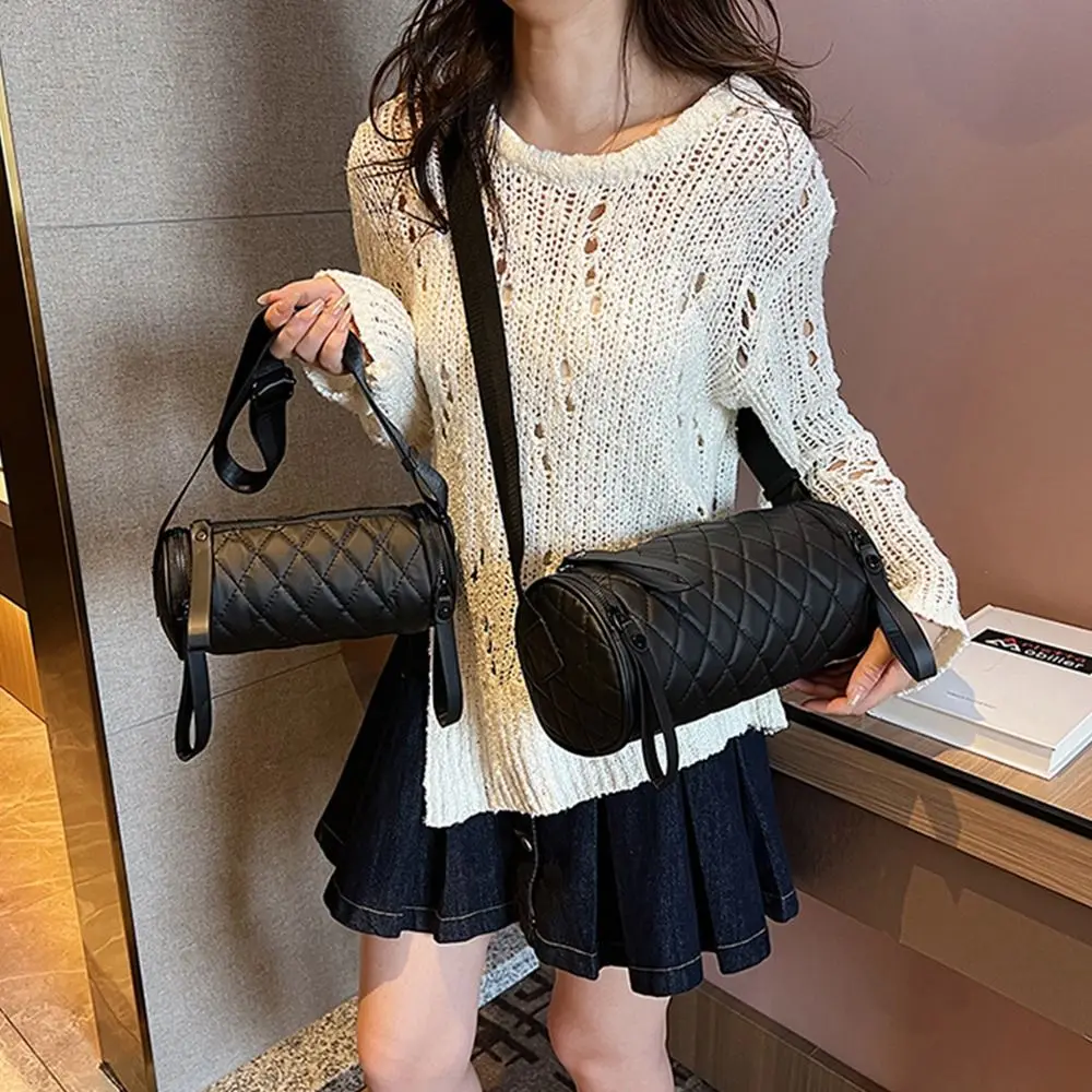 

Temperament Elegant Nylon Shoulder Bag Plaid Korean Style Rhombus Crossbody Bag Solid Color Handbag Cylinder Bag Girls