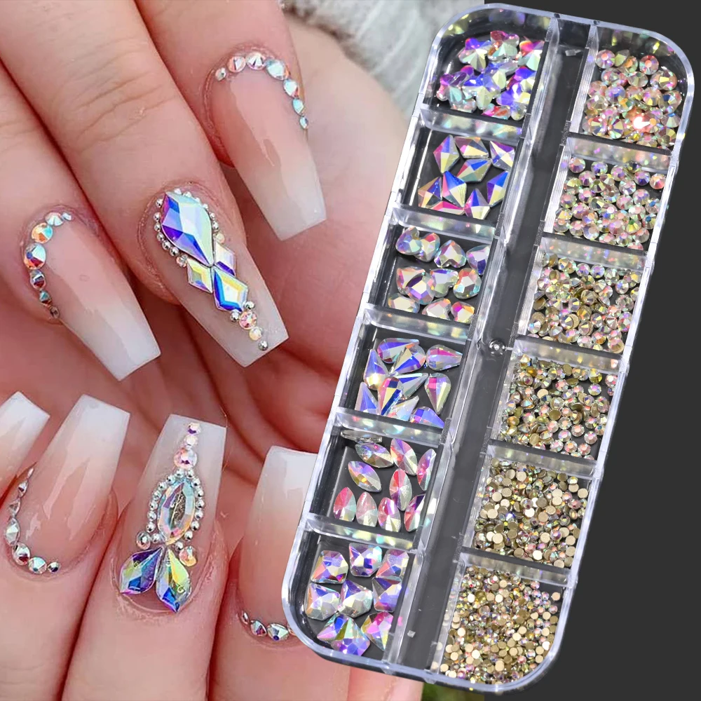 Mista-Forma Cristal Diamante Prego Strass, Luxo Flatback Encantos De Prego De Vidro, Pedras Preciosas Decoração Manicure, 12 Grades, Não-Hot Fix