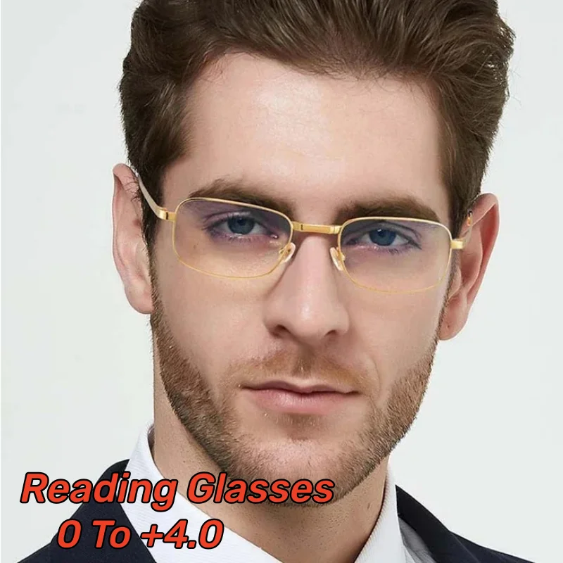 Men's Business Presbyopia Glasses Metal Square Frame Reading Glasses with Plus Diopters 0 To +4.0 Popular Metal Eyeglasses