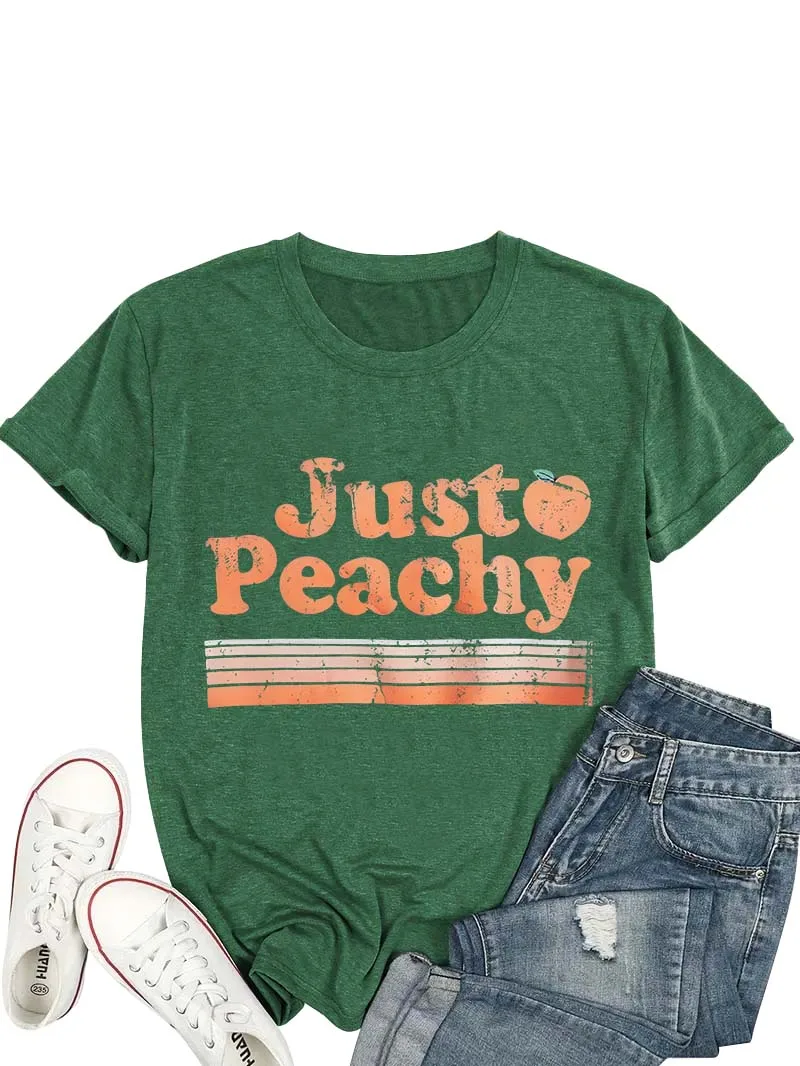 

Женская белая футболка больших размеров с надписью «Just Peachy» и ретро-дизайном для повседневных летних дней и солнечных прогулок