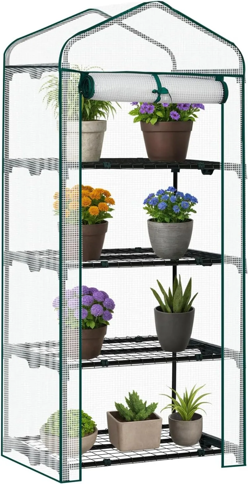 

Mini Greenhouse, Small PE Plant Green House with 4 Tiers Rack, Shelf Clips, Roll-up Zipper Door, Gardening Supplies for