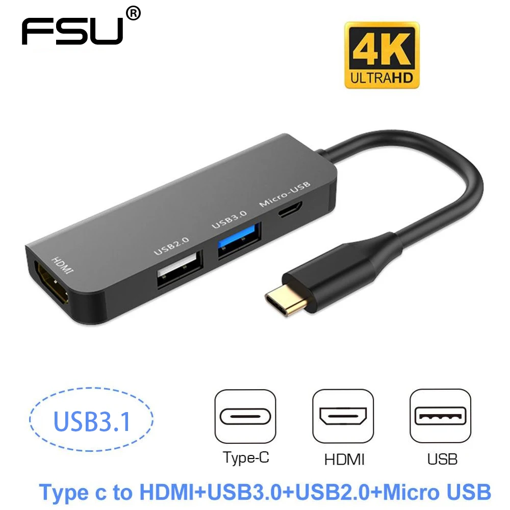 4 In 1 Usb C Hub Multiport Adapter Type C To HDMI-compatible 4k USB 3.0/2.0 Micro Usb Charger for MacBook Pro Samsung Galaxy S10