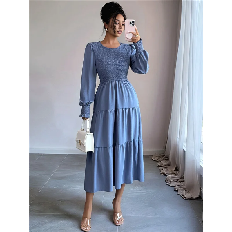 Fall Wedding Guest Dresses For Women Puff Long Sleeve Smocked Casual Crew Neck Tiered A Line Flowy Long Dress
