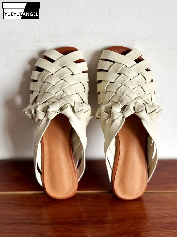 Ladies Summer Elegant Weave Hollow Out Design Shoes Real Leather Peep Toe Slippers Fashion Breathable Women Casual Flat Slides