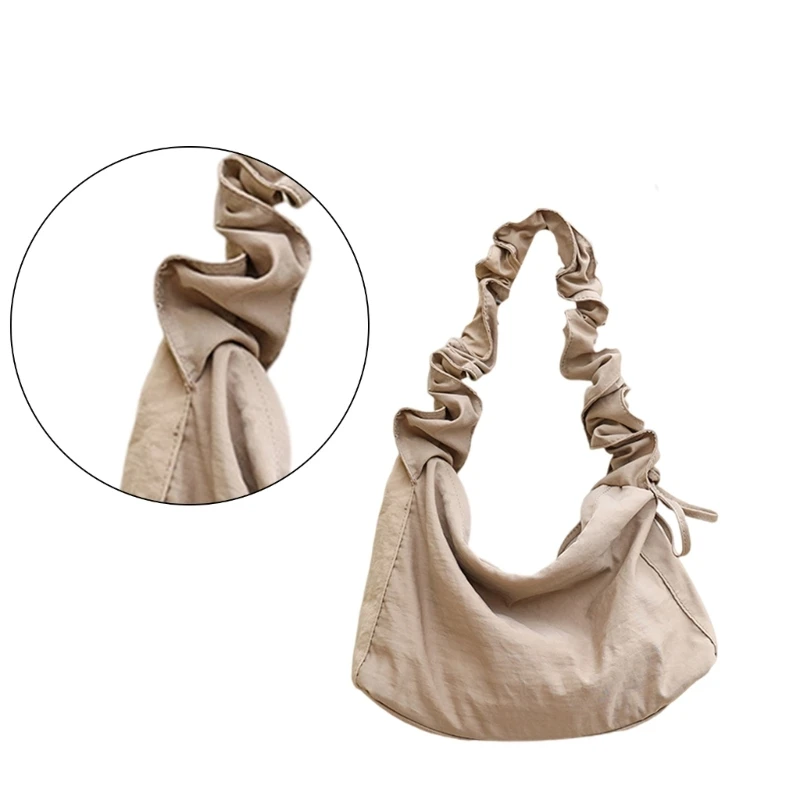 E74B Women Casual Solid Nylon Shoulder Handbag Adjustable Strap Fashion Pleated Drawstrings Crossbody Bag Underarm Purse