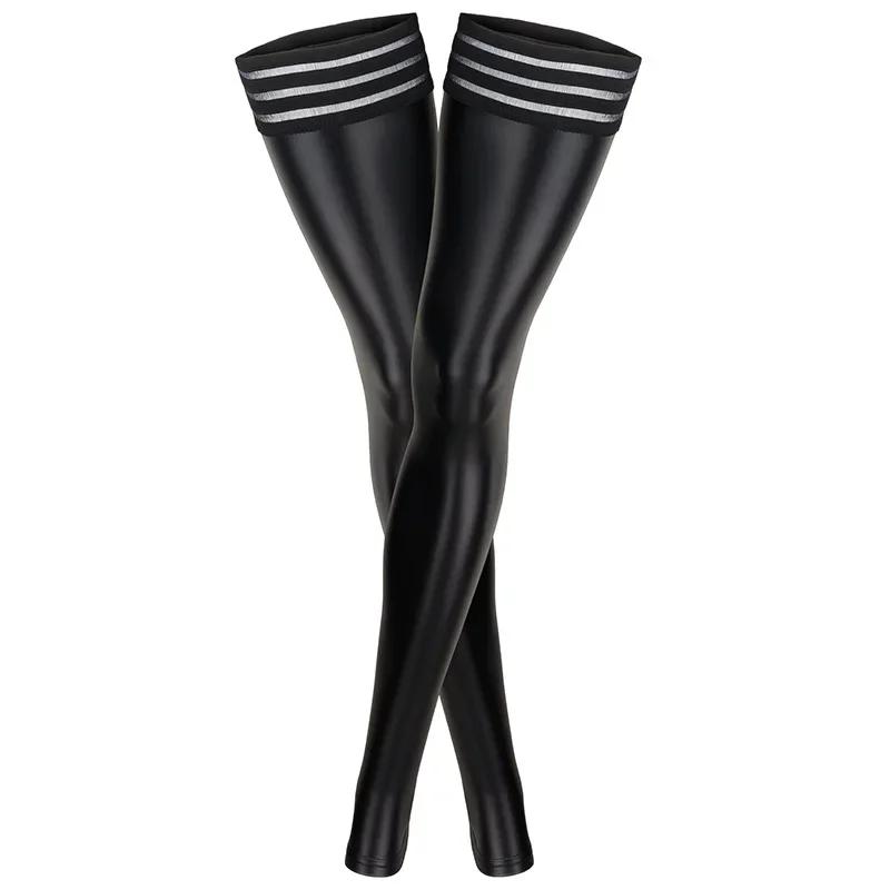 Wetlook-Bas brillants en cuir verni pour femmes, sans pieds, ourlet rayé, extensible, long