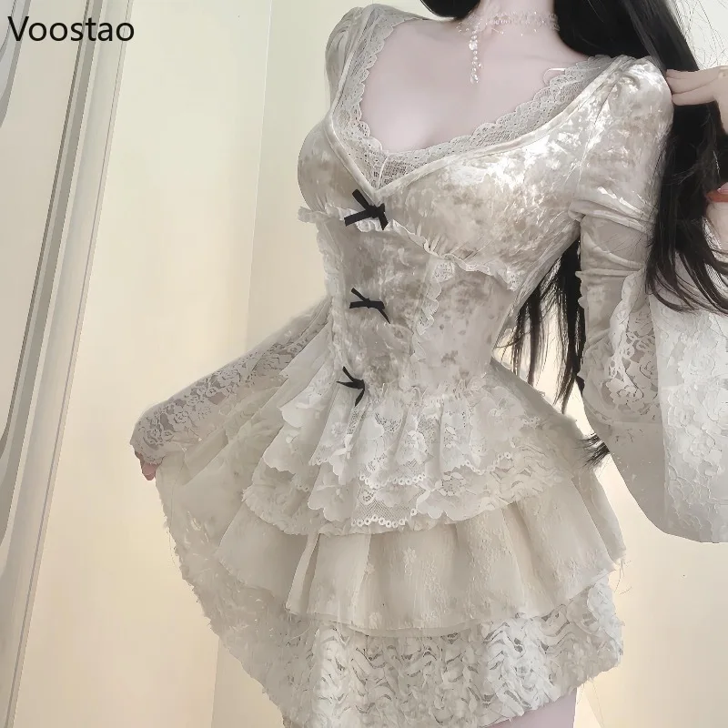 أنيقة النمط الفرنسي 2 قطعة مجموعة المرأة الحلو القوس الدانتيل كم طويل بلايز كعكة صغيرة التنانير الدعاوى الإناث 2025 مثير موضة وتتسابق