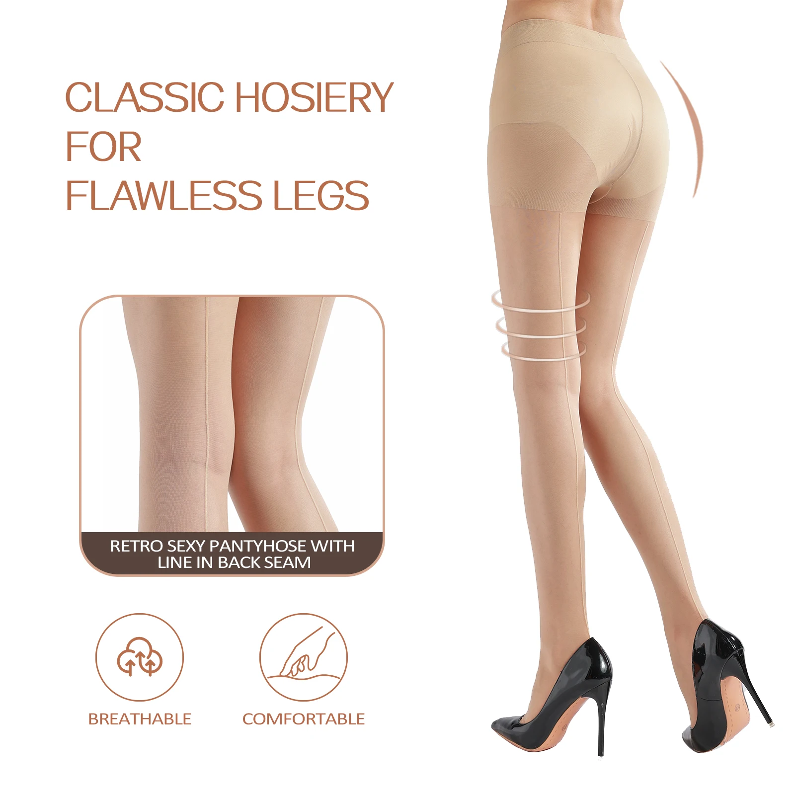 HA WA 20D Women\'s Backseam Sheer Tights Ultra-Thin High Waist Breathable High Elasticity Pantyhose Stockings