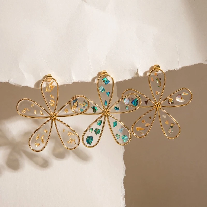 PRISCA | Transparent Flower Earrings Stainless Steel Women Chic Party Jewelry Birthday Gold Plated Gift New