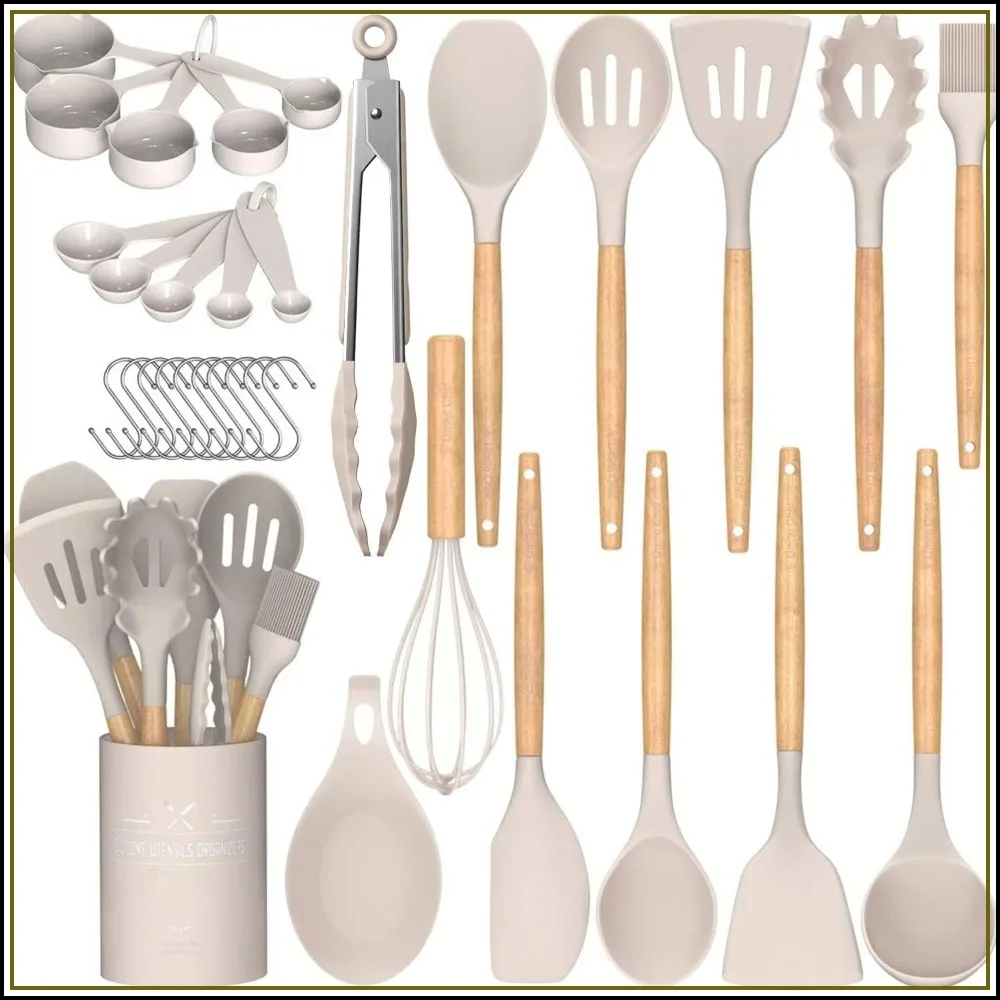 33-Piece Non-Stick Silicone Kitchen Utensils Set with Wooden Handle & Holder, Khaki