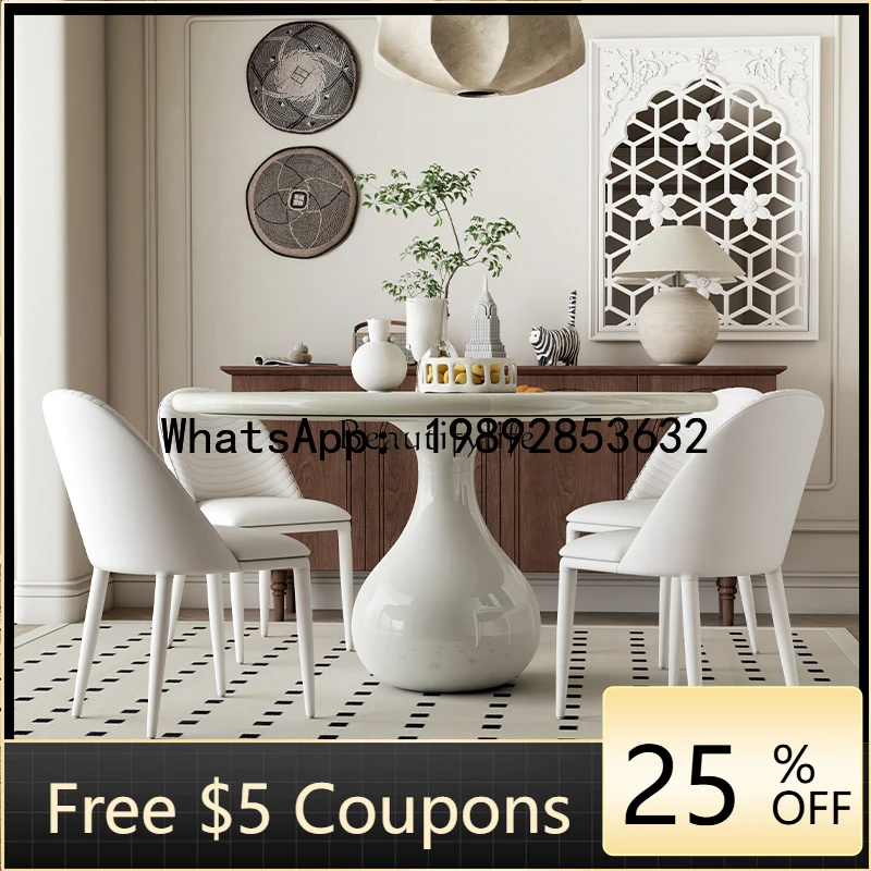 

Обеденный стол из импортного натурального белого мрамора (ледяной нефрит), в стиле лёгкой роскоши, кремового цвета, из массива дерева, круглый.