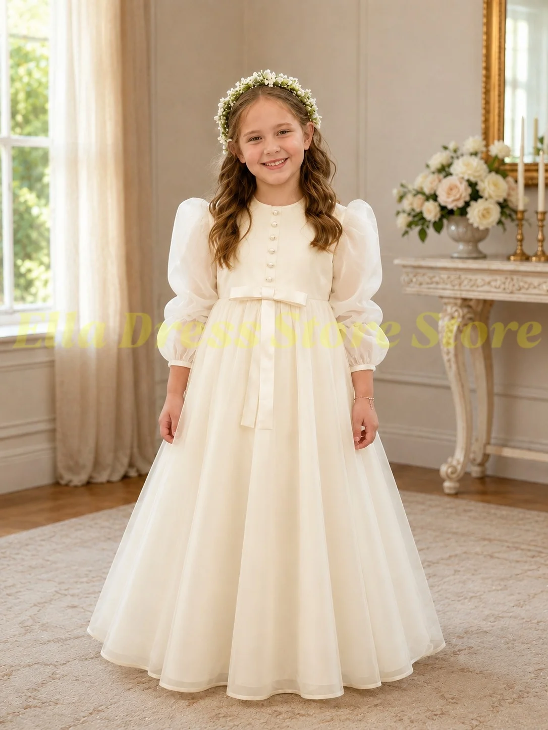Maßgeschneidertes Großhandels-Blumenmädchenkleid in Hellrosa für Hochzeit, 3/4-Ärmel, Brautjungfernkleid, Geburtstagsfeier, Erstkommunion, Ballkleid – Detail 6