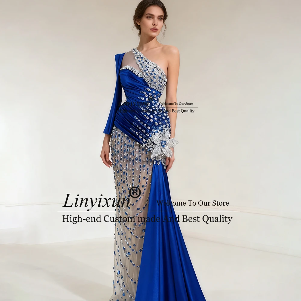 Aso Ebi Prom Kleider 2025, für Frau Afrikanische Kristall Meerjungfrau Hochzeit Party Kleider Angepasst One Sleeve vestidos de cerimhone – Detail 2