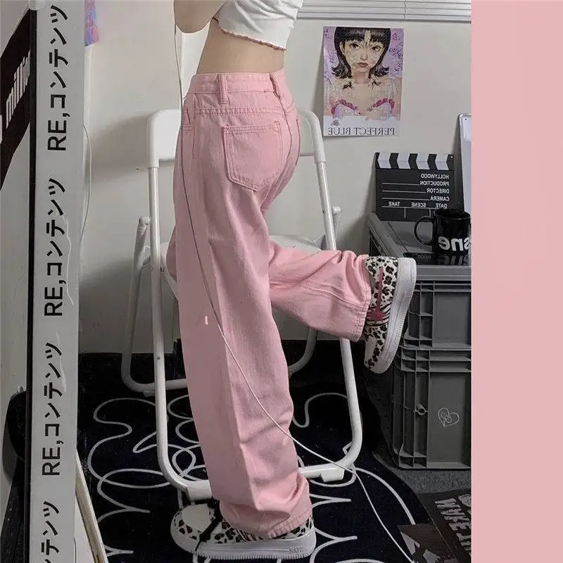 Baggy Pink Jeans wide leg pants women Kawaii Korean heart chain  Low Rise Denim Pants Streetwear Loose Trousers