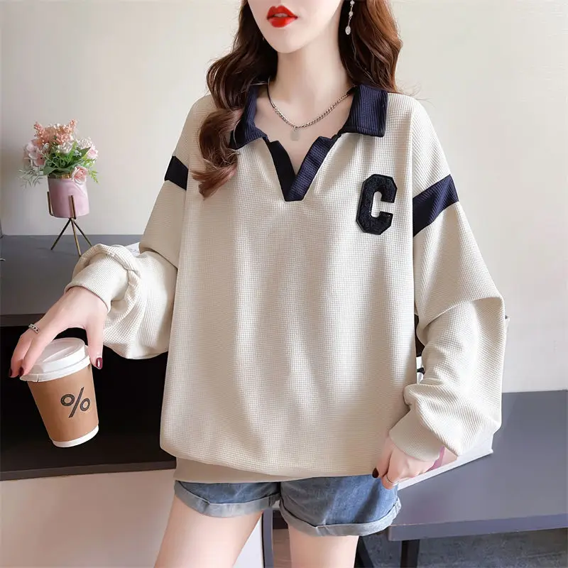 Autumn and Winter Women\'s Pullover Turn Down Collar Patchwork Embroidery Fashion Casual Elegant Commuter Long Sleeve Hoodies