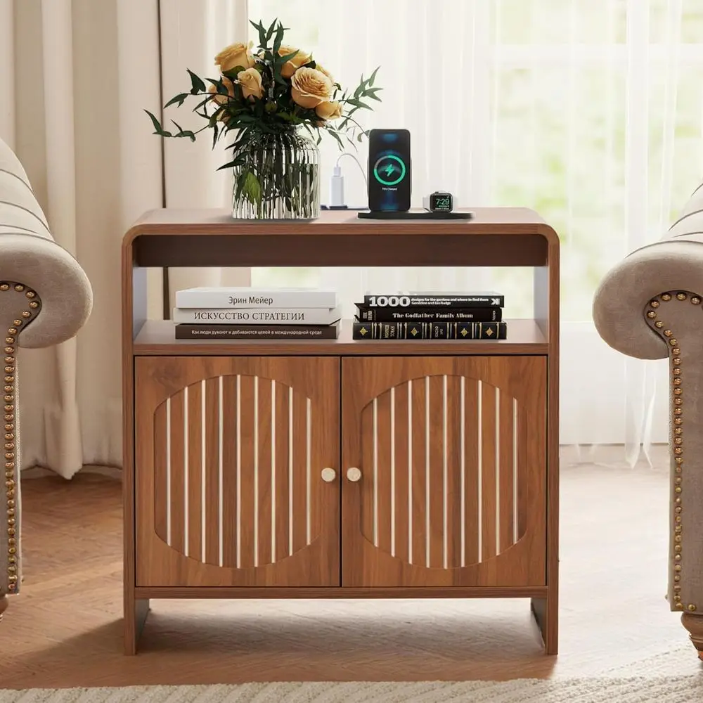 24" armhouse Side Table with Charging Station, Century ern End Table with Storage & Arched Do, Wooden Nightstand with USB/Type-C