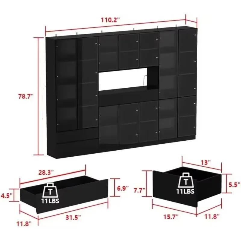 رف كتب طويل القامة قابل للتخصيص مع أبواب وأضواء زجاجية، مجموعة منظم رف عرض كبيرة مع قفص، ورف كتب للمكتبة