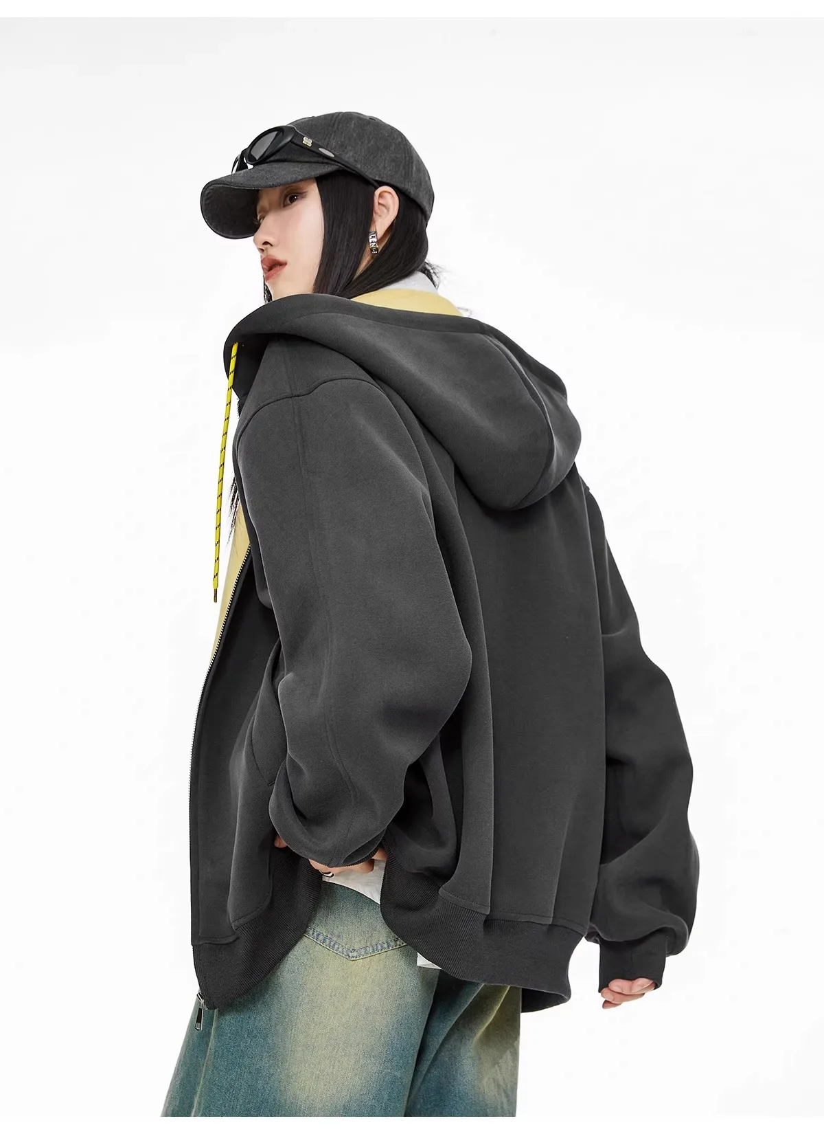 Retro Zipper Hooded Sweatshirt American Contrast Color Basic Student Style Loose Long Sleeve Versatile Spring Autumn Cardigan