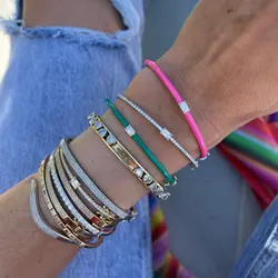 Rainbow Colorful Enamel Bangles Bracelet Paved Geometric Rectangle Cubic Zirconia Gold Plated Color for Women Fashion Jewelry