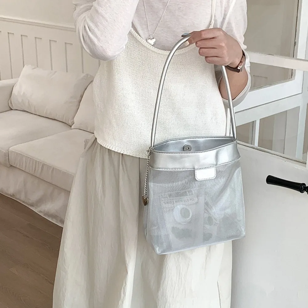 

Handbag Lightweight Mesh Bucket Bag PU Leather Simple Transparent Bag Large Capacity Commuting Single Shoulder Bag Girls