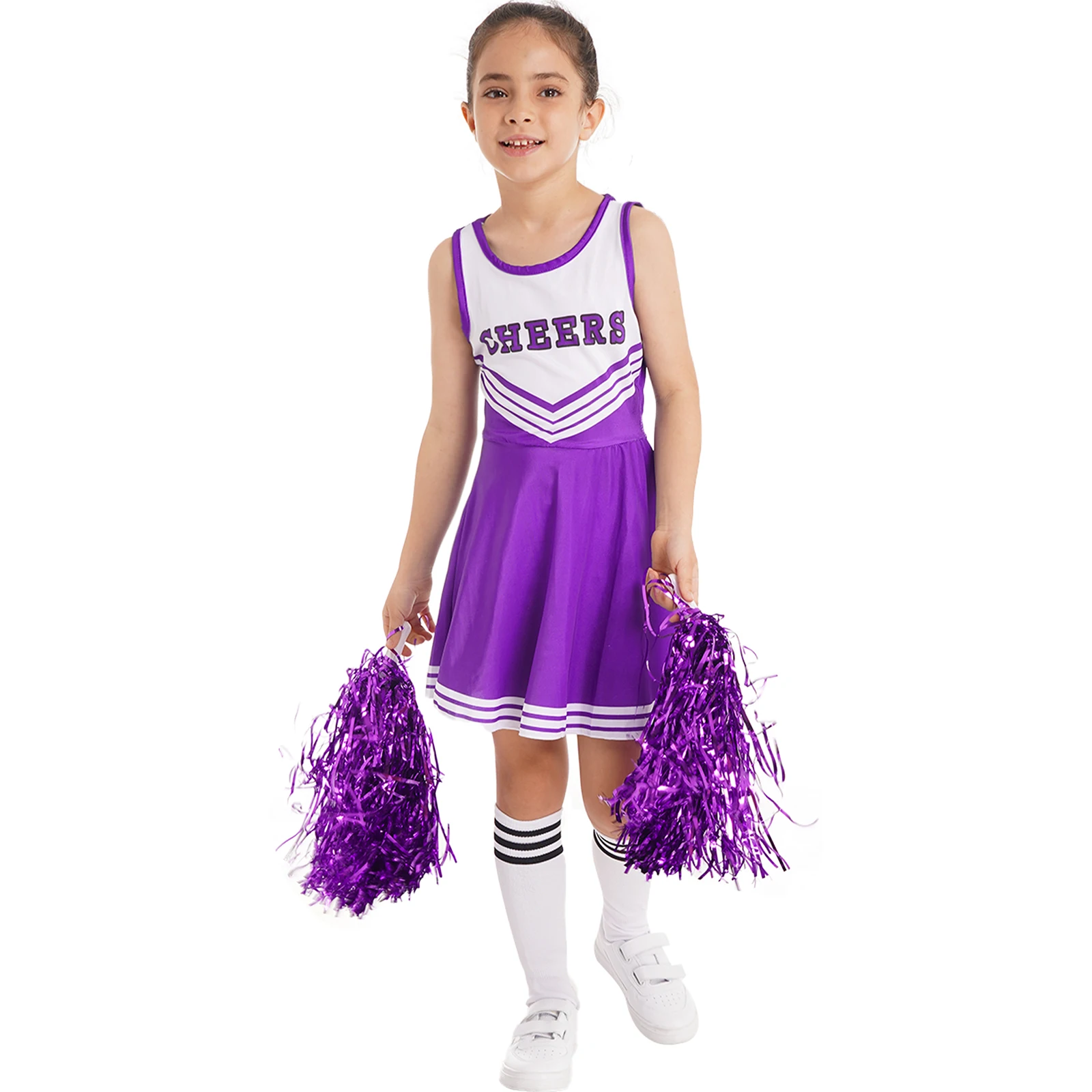 Kids Girls Cheerleading Dance Costumes School Girls Cheerleader Uniforms Cheer Dance Outfit Cheerleading Dress Flower and Socks