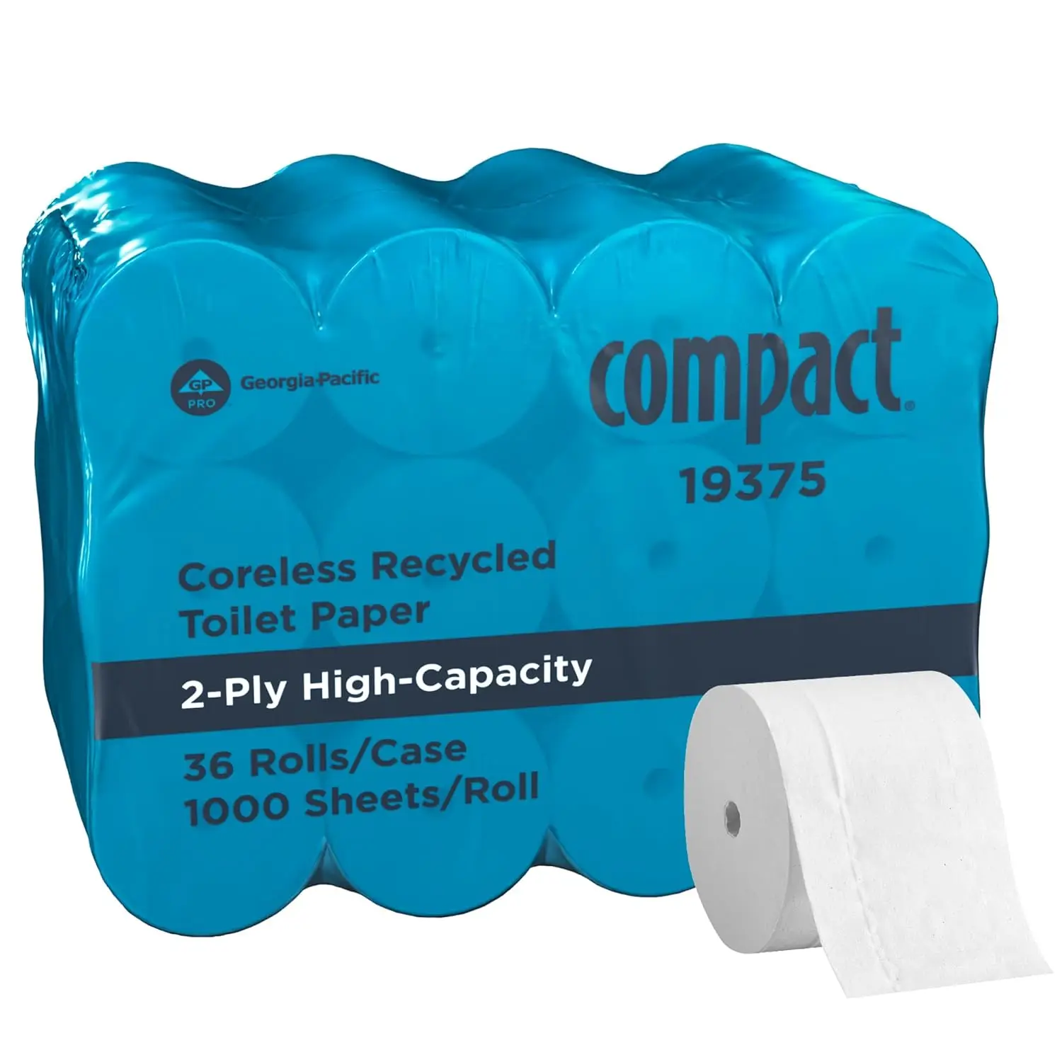 

Compact Coreless 2-Ply Recycled Toilet Paper, 1000 Sheets Per Roll, 36 Rolls Per Case