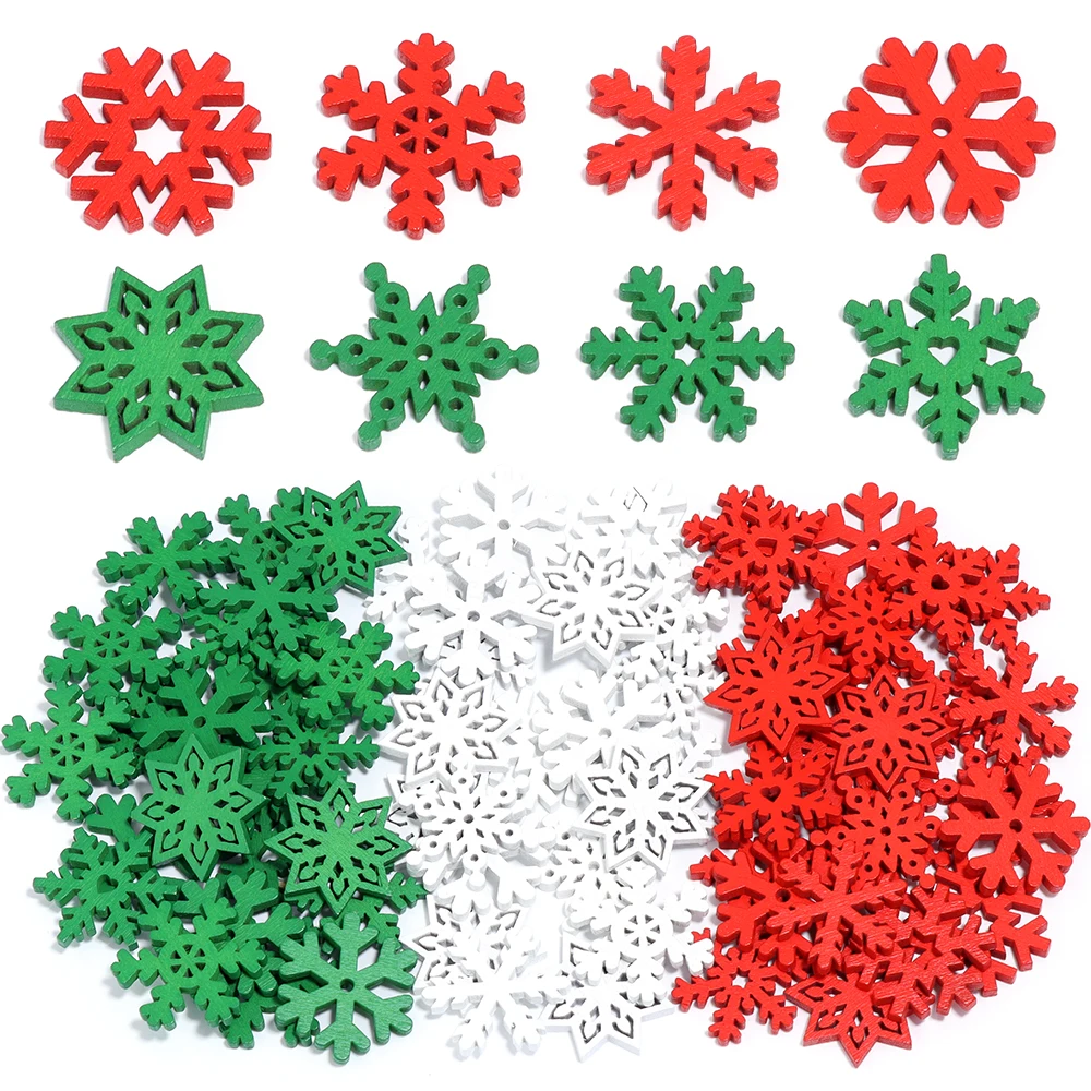 15-30g/Pack Mixed Red Green White Wooden Snowflake Christmas Wood Slices for X‑mas Tree Decor Gift Wrapping DIY Jewelry Decor