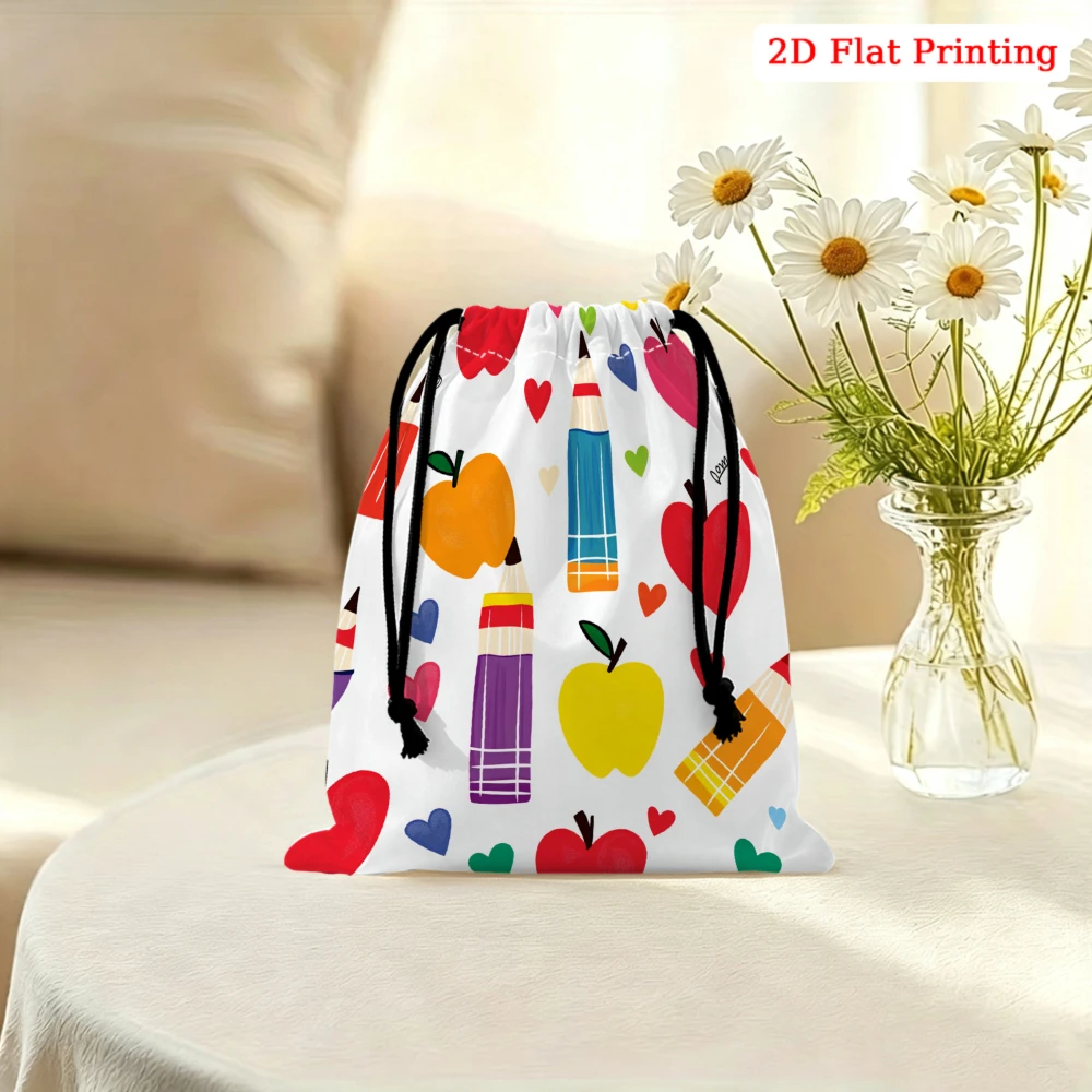 1pc Cartoon Style Drawstring Bag White Colorful Hearts Apples Pencils Pattern Storage Small Pouch For School Supplies Cosmetics