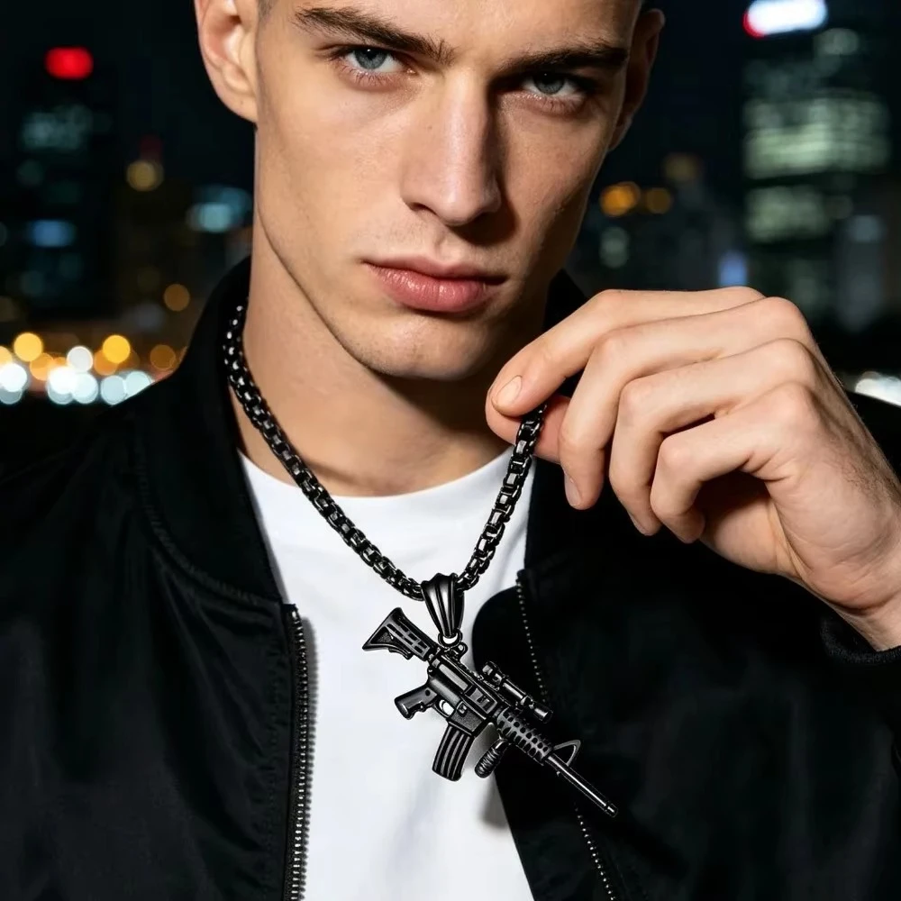 Men Hip Hop Gun Pendant Necklace AK47 Uzi Submachine Gun Shape Trendy Party Jewelry Gift for Him