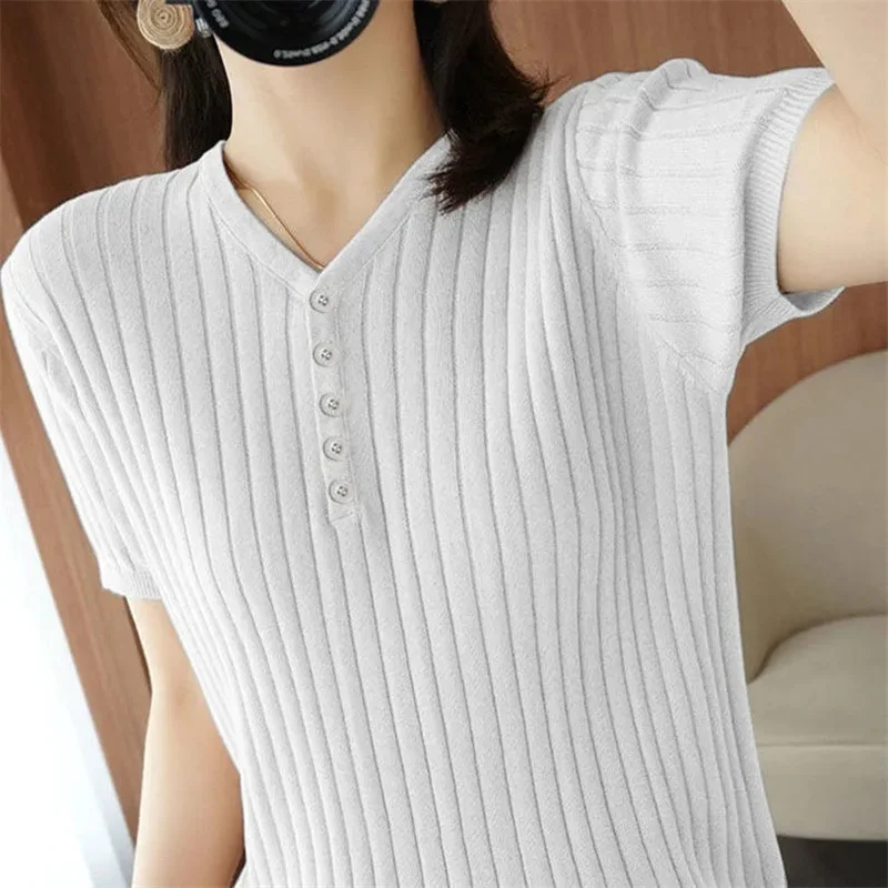 Spring Autumn Women Sweaters Short Sleeves V-neck Bottoming Shirt Knitwear 2023 Summer Pullovers Korean Jumpers  Knitwear