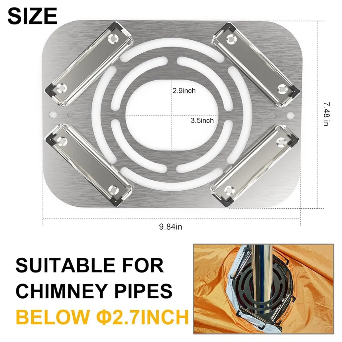 DIY Hot Tent Stove Jack Stainless Steel, Fireproof, Easy Clip-on for Camping Insulation and Protection 7.5