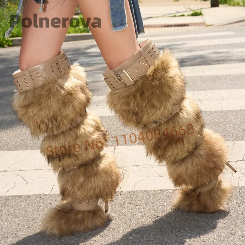 

Коричневые зимние сапоги на меху с пряжками на ремне, женские сапоги до колена с острым носком, теплые зимние пикантные подиумные меховые туфли на шпильке