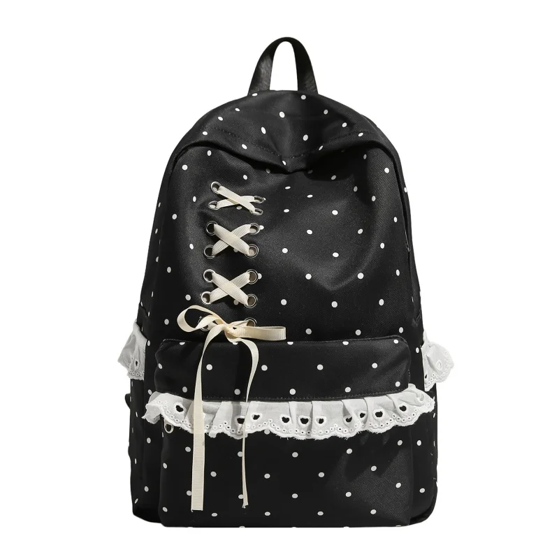Kawaii Polka Dot Aesthetic Preppy Backpack with Bow and Ruffed Lace Campus Coquette Travel Rucksack for Women Women