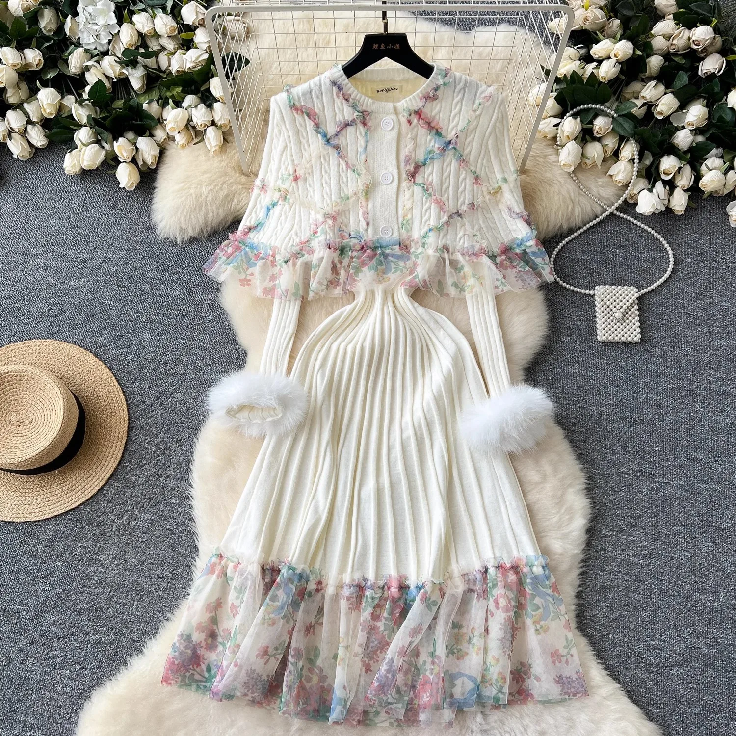 Autumn Winter Sweater Dress 2 Pieces Set Women Long Sleeve Mesh Splicing Knitted Dress And Cardigan Tops Set Female Outfits