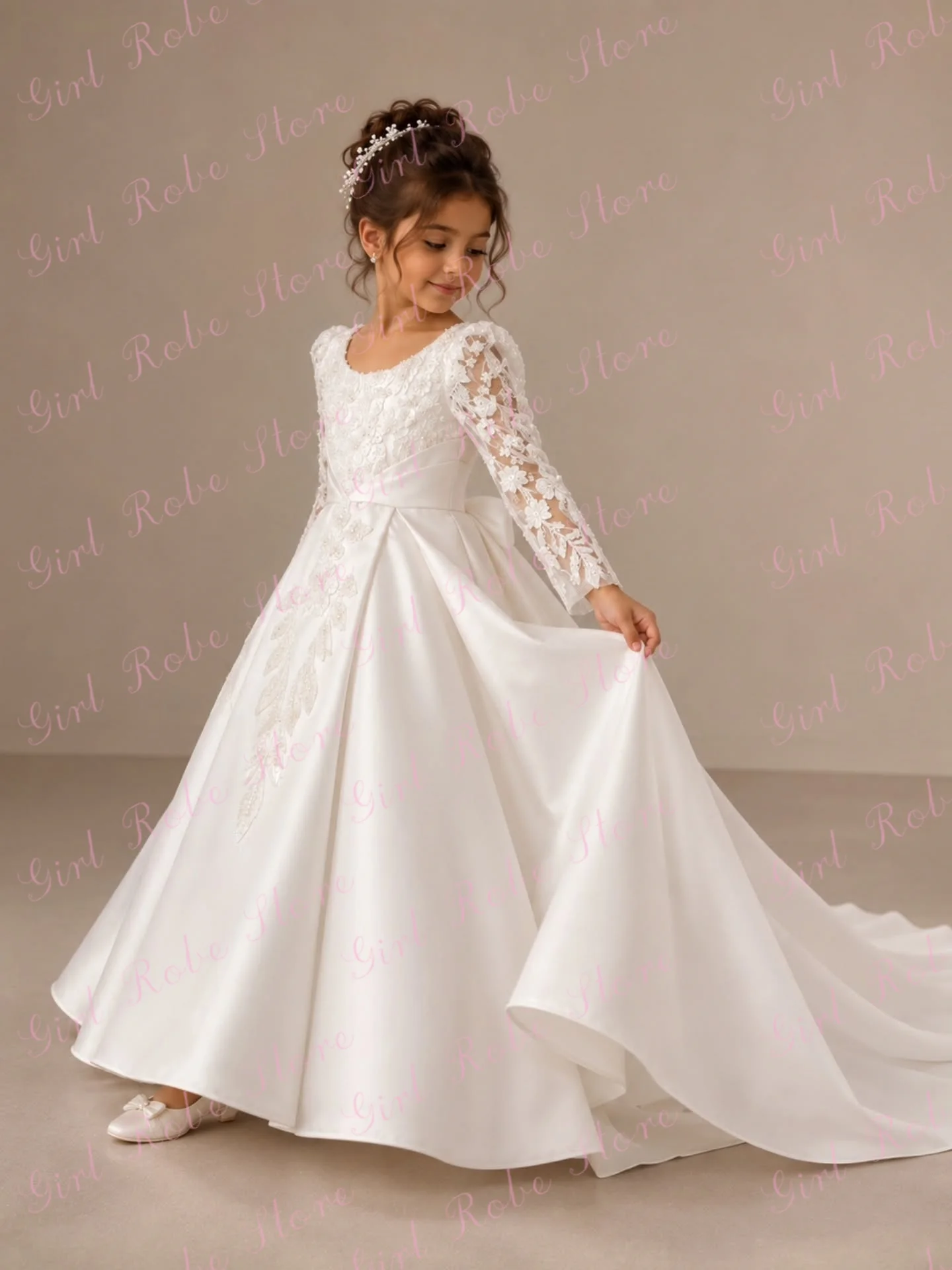 Customized White Satin Flower Girl Dress Full Sleeves Appliques Floor Length Modest Elegant Kids First Communion Bridesmaid Gown
