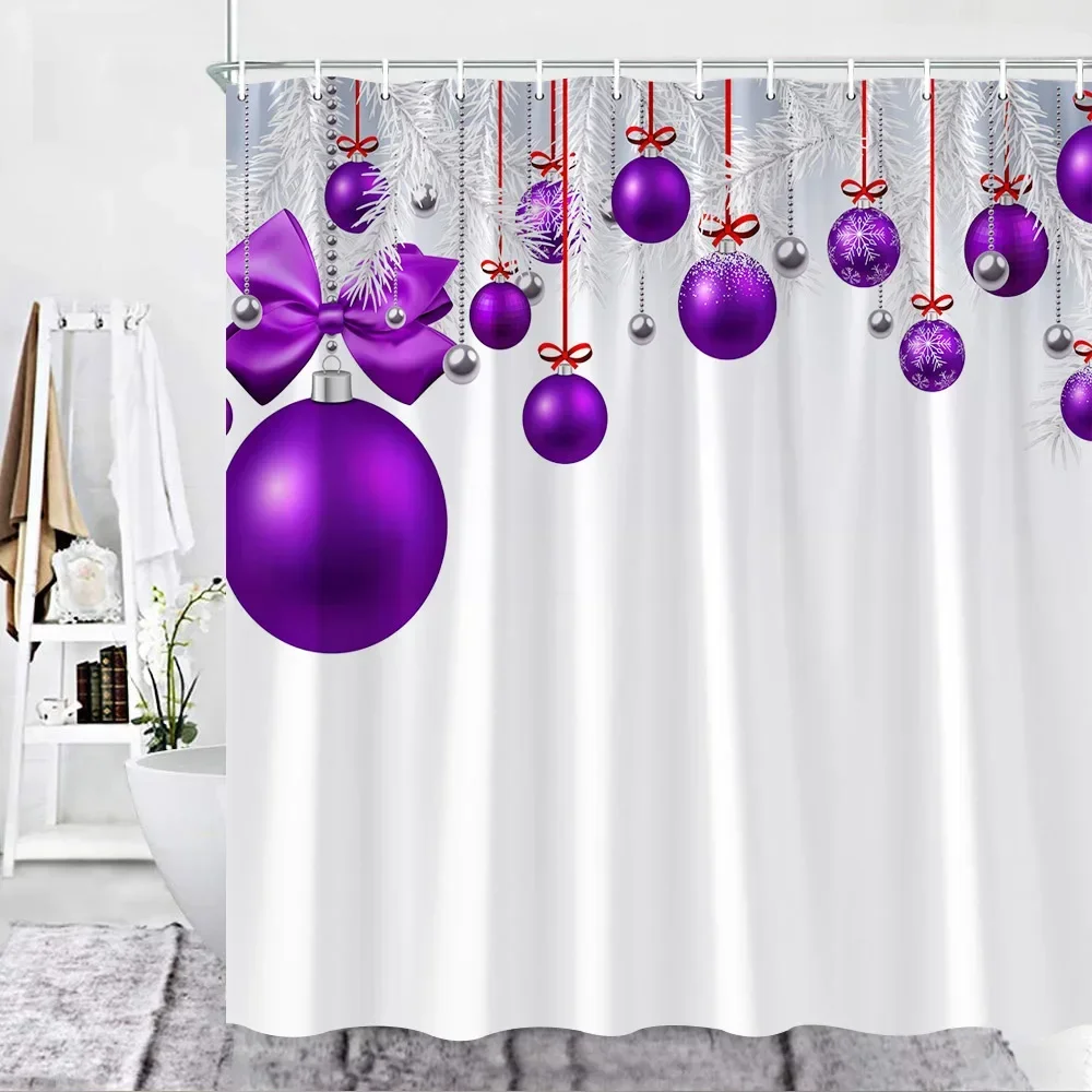 Christmas Shower Curtain Set Red Xmas Balls Fir Christmas Holidays Decor Fabric Hook Bathroom Curtains Bathroom Accessories Sets