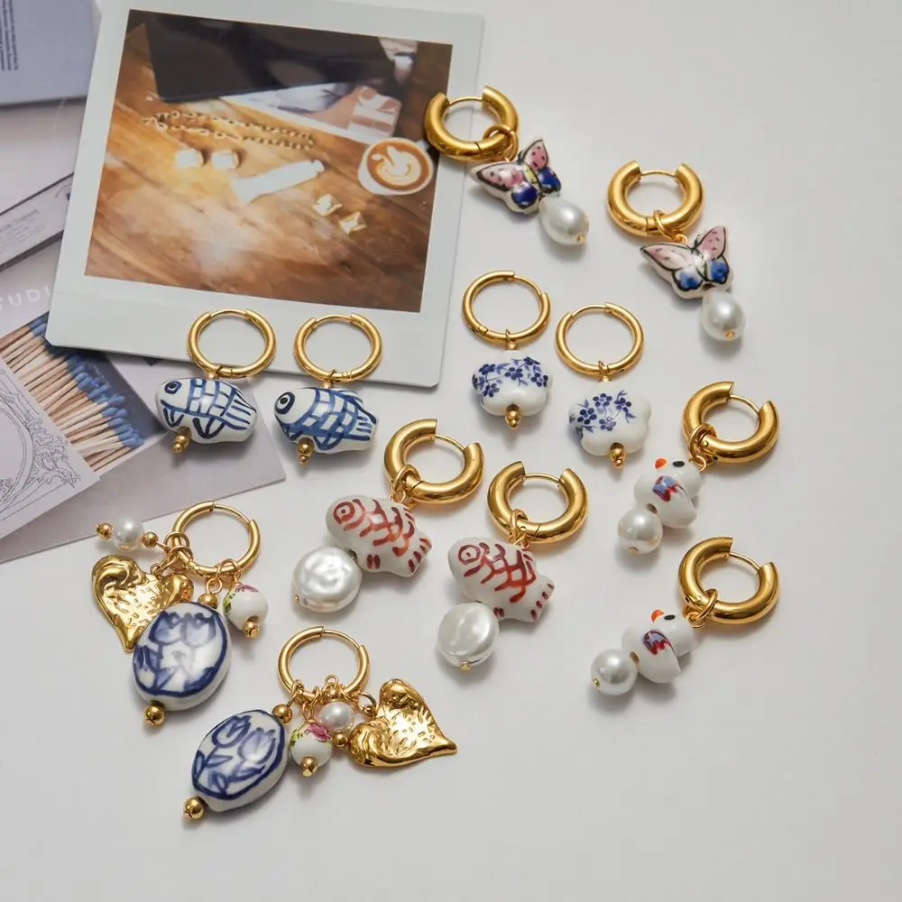 

Chinese Style Ceramic Ear Buckle Stainless Steel Fish Blue and White Porcelain Earrings Dripping Oil Flower Gold Hoop Earrings