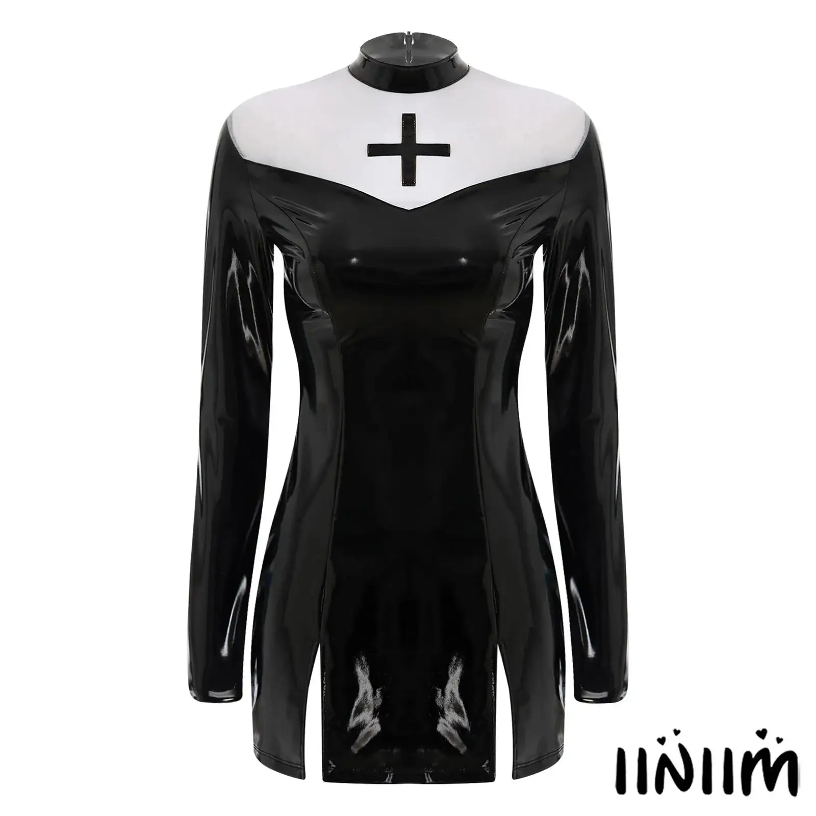 

Womens Nun Cosplay Costume PU Polyester Bodycon Dress Long Sleeve Cross Mesh Patchwork Slit Hem for Halloween Theme Parties