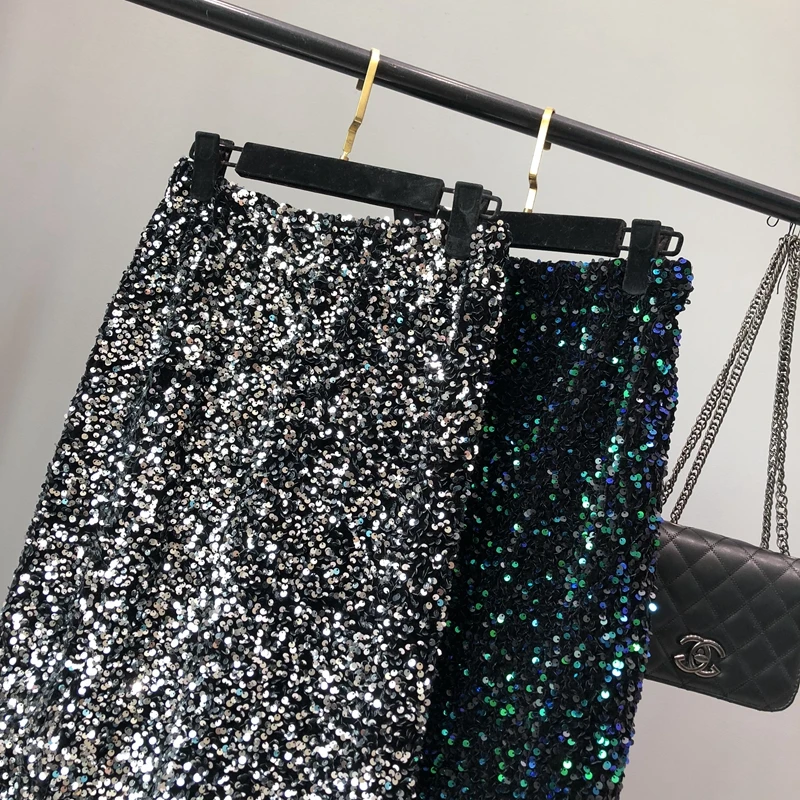 Spring New Ladies Sequin Skirt High Waist Slim Mid Length Over Knee Skirt Sparkling Sequin Elastic Waist Skirt