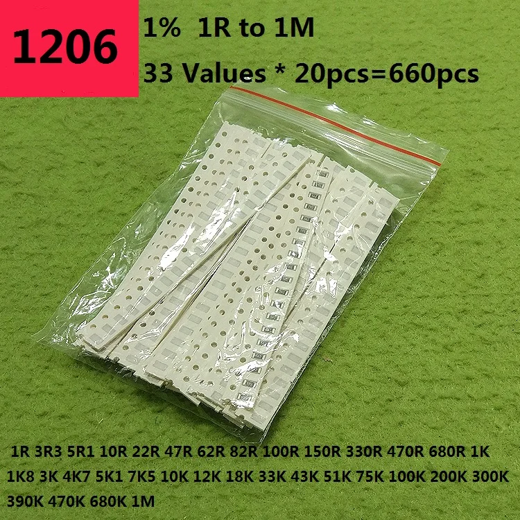 33valuesX 20pcs=660pcs 0603 0805 1206 Resistor Kit Assorted 1R To 1M Ohm 1% SMD Sample Kit DIY 3.3R 5.1R 10R 47R 62R 82R 1K 10K