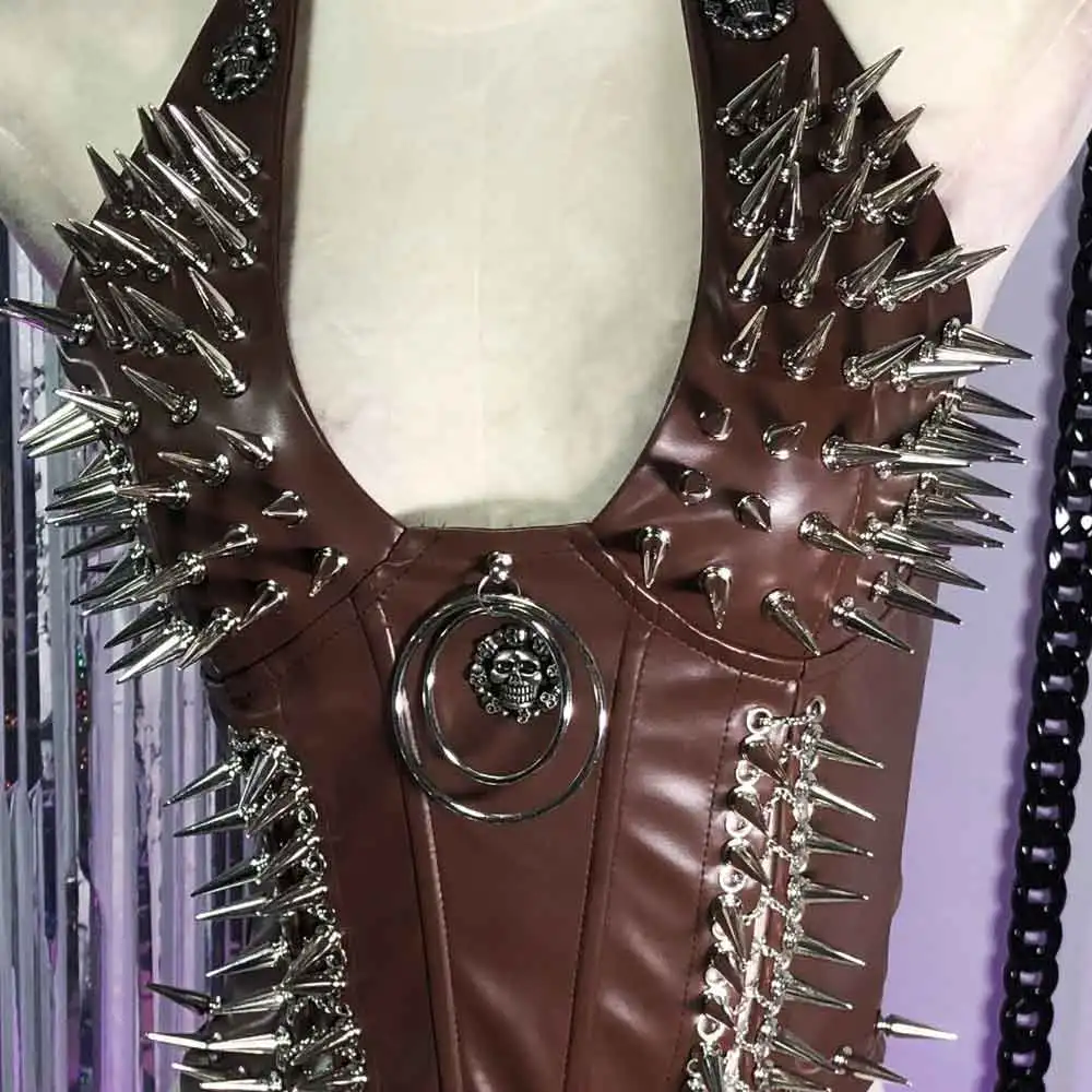 Brown Goth Top Y2K Women's Tanks Emo Clothing Gothic Boho Tops with Spikes Punk Rock Teens Festival Spiked Bra Grunge T shirt