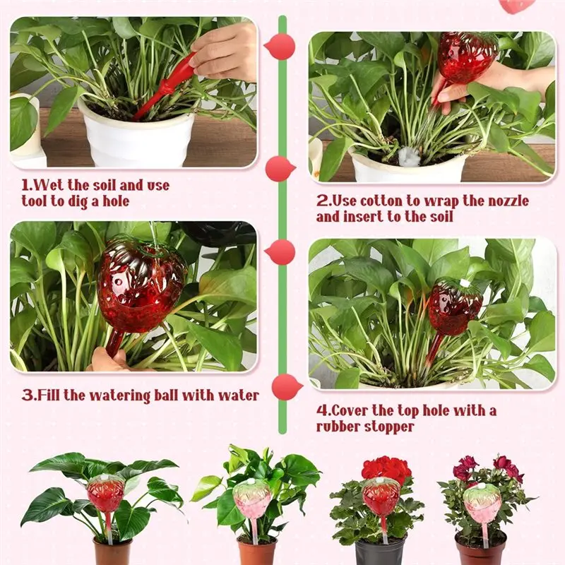 ABNL Strawberry For Plant Watering Globe With Top-Fill Bulbs, 4-Pack Self-Watering For Planter Inserts For Plant Care On Vacatio