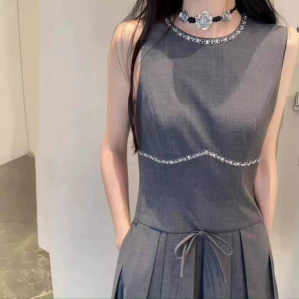 

2025 summer new light luxury women's clothing heavy beaded temperament sleeveless slim long pleated dress-GZXX705