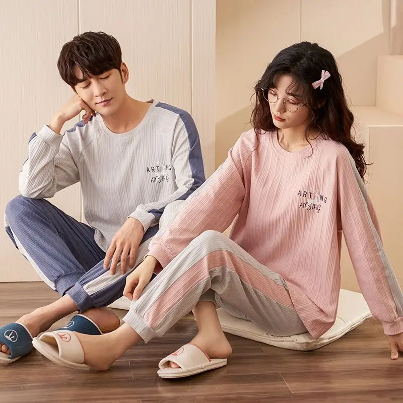 Conjunto de pijama de algodão masculino e feminino, roupa de casal, manga comprida, pulôver, loungewear solto, roupa kawaii, novo