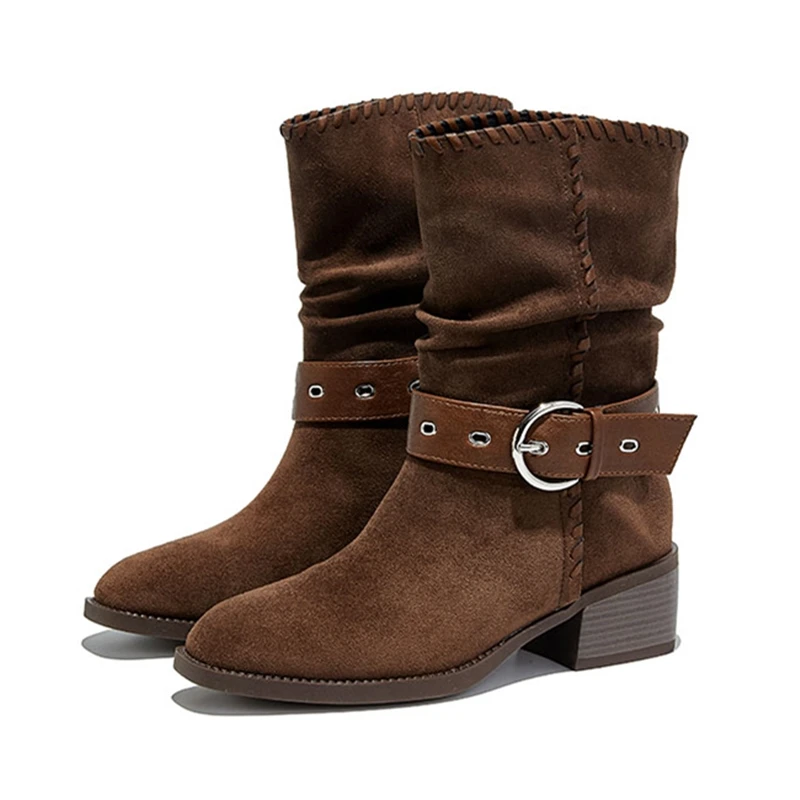 

AIYUQI Women's Ankle Boots 2025 New Booties Women Pleated Western Cowboy Boots female Large-Sized Mid-Calf Biker Boots