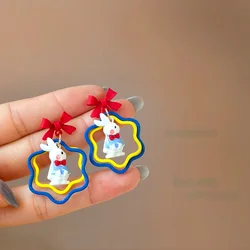 925 Silver Needle Cute Jewelry Bownot Little Rabbit Earrings New Trend Lovely Blue Yellow Drop Earrings For Women Accessories